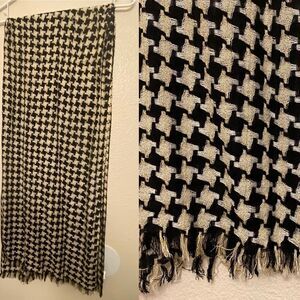 Black white metallic gold thread houndstooth lightweight Fringe Scarf 17x70